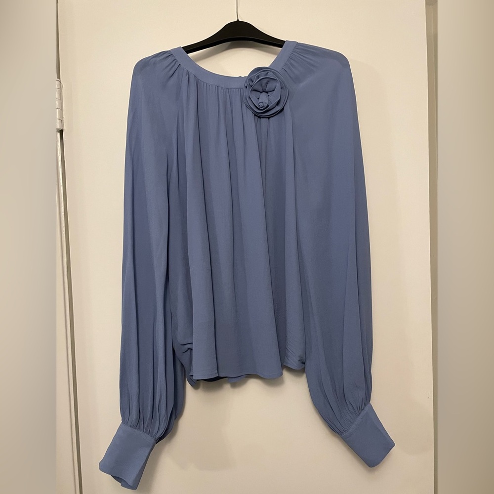 Ann Taylor Dusty Blue Long-Sleeve Blouse with Rosette